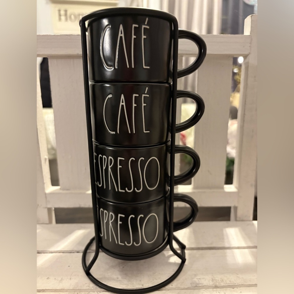 Rae Dunn Black Café Espresso Mug Set with Stand